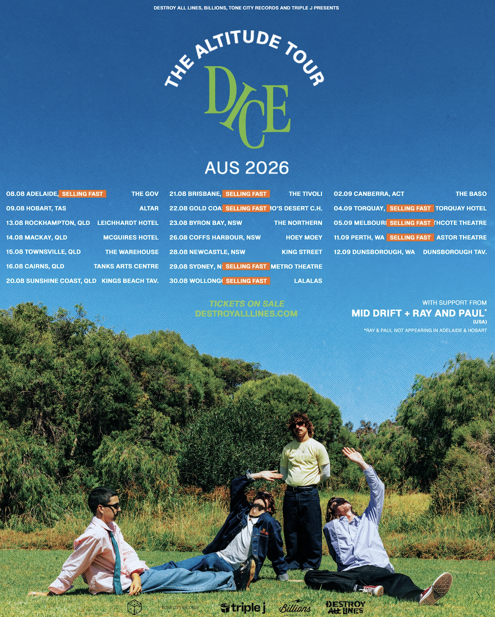 Tour poster for DICE The Altitude Tour AUS 2026 listing Australian concert dates above a photo of the band sitting outdoors.